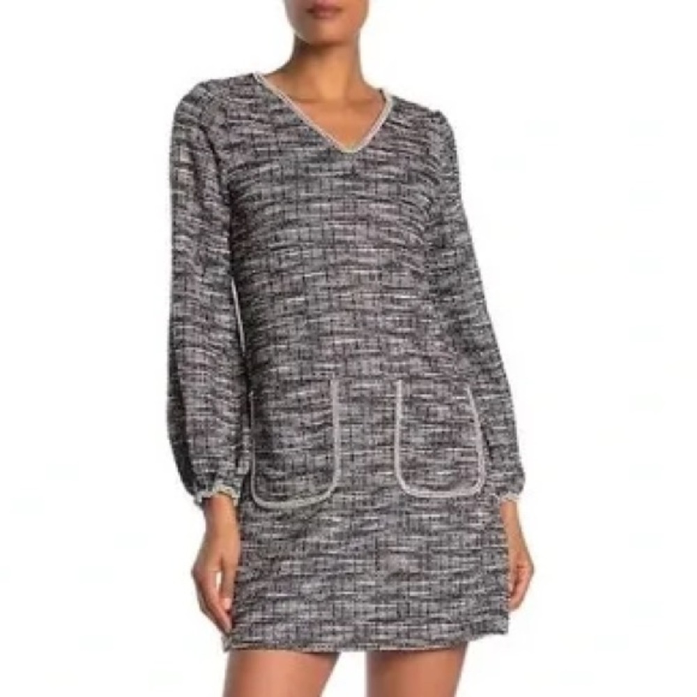 MAX STUDIO LONG SLEEVE TWEED SHIFT DRESS WITH POCKETS